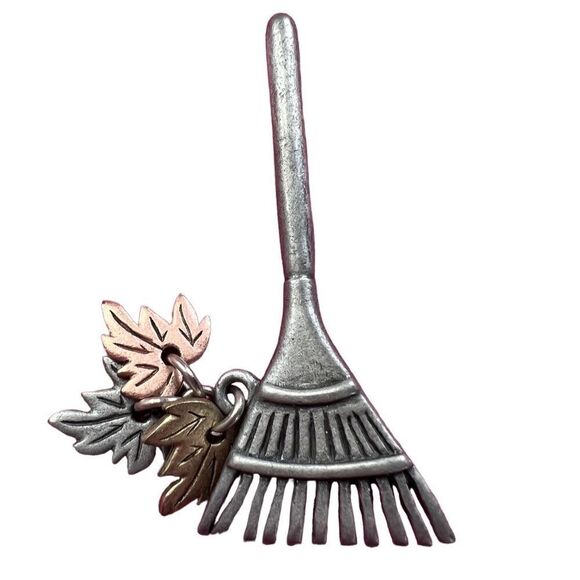 Adorable Fall Pin with Rake and Dangling Leaves - Picture 1 of 4